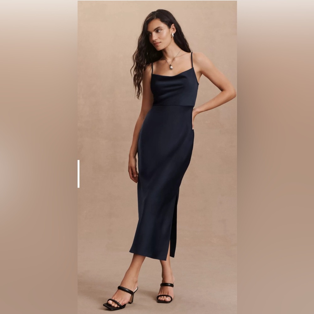 BHLDN Cali Satin Cowl Neck MIDI Slip Dress-Midnight Blue